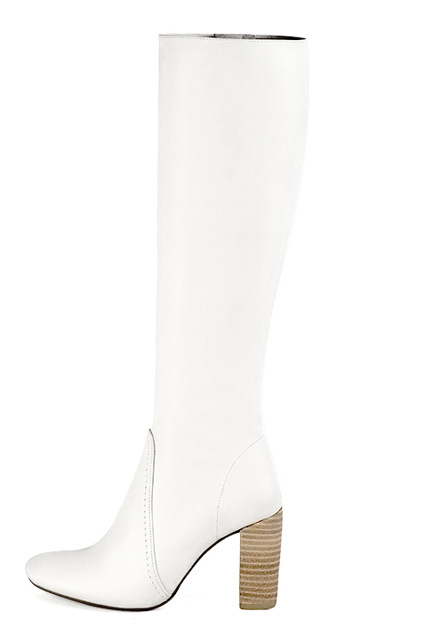Off white women's feminine knee-high boots. Round toe. High block heels. Made to measure. Profile view - Florence KOOIJMAN